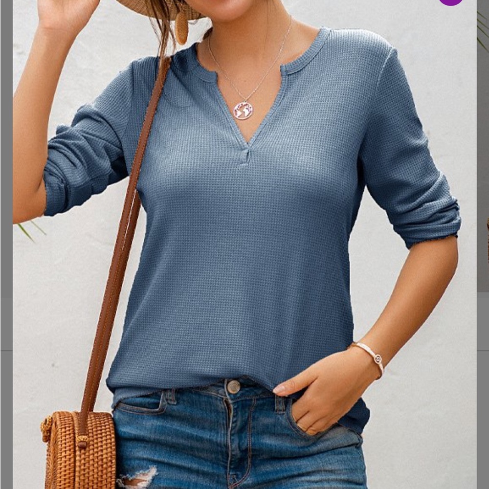 Blue Waffle Knit Notch Neck Top by Coeur de Vague